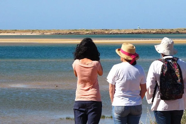 Drei Personen mit Blick über eine sandige Gezeitenfläche auf das Wasser